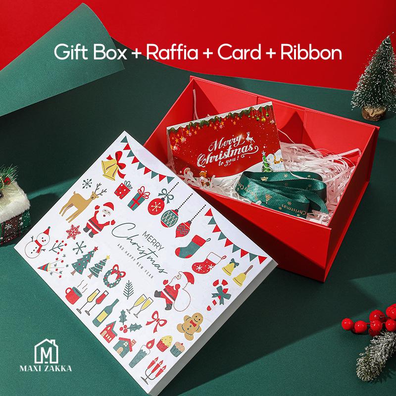 Ready Stock Christmas Premium Solid Hard Gift Box with Raffia Card Ribbon Gift Packaging Magnetic Folding Xmas