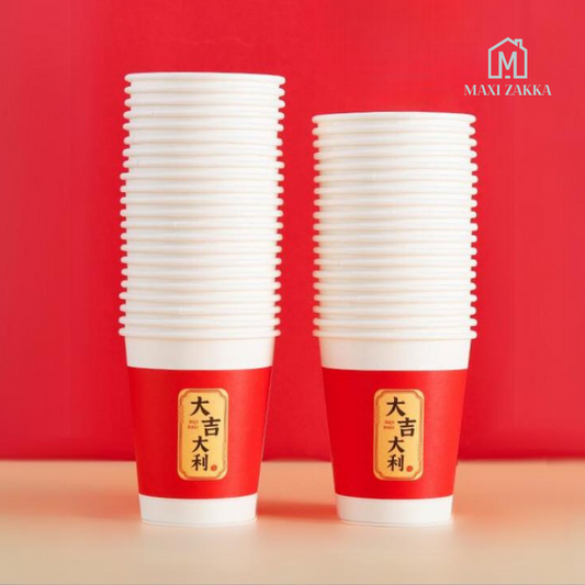 πΈπ¬ Ready Stock Chinese New Year Red Paper Cups Bowls Disposable Tableware CNY Wedding Party Decoration 9oz 250 ml 100pcs