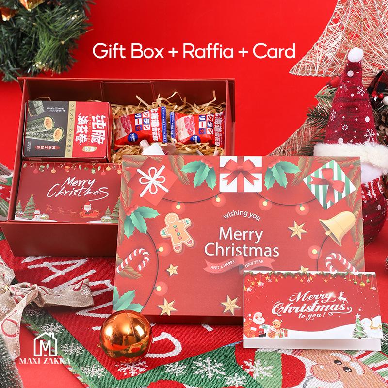 Ready Stock Christmas Premium Solid Hard Gift Box with Raffia Card Ribbon Gift Packaging Magnetic Folding Xmas