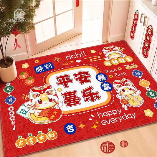 Ready Stock Red Festive CNY Floor Mat Washable Non-Slip Chinese New Year Home Decor Velvet 2025 Snake Year Spring Festival