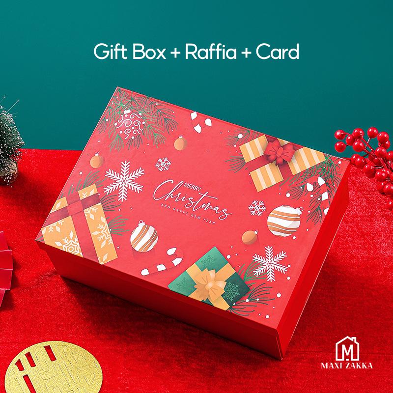 Ready Stock Christmas Premium Solid Hard Gift Box with Raffia Card Ribbon Gift Packaging Magnetic Folding Xmas