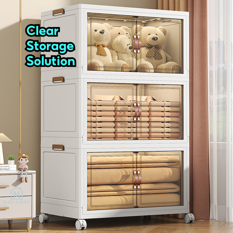 ๐ธ๐ฌ Ready Stock Foldable Cabinet Drawer Chest Stackable Storage Wardrobe Home Organizer Box Transparent Double Door Cloth