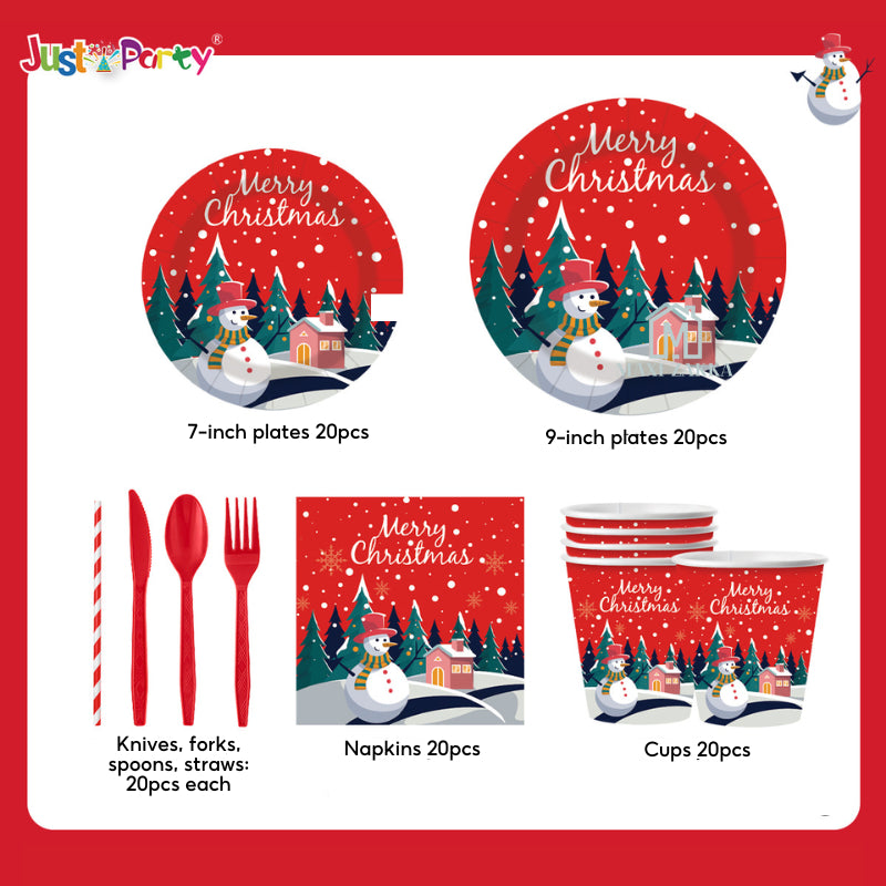 ๐ธ๐ฌ Ready Stock 10/20 Pax Christmas Party Disposable Cutlery Tableware Set Utensils Paper Plate Cup Plastic Fork Spoon