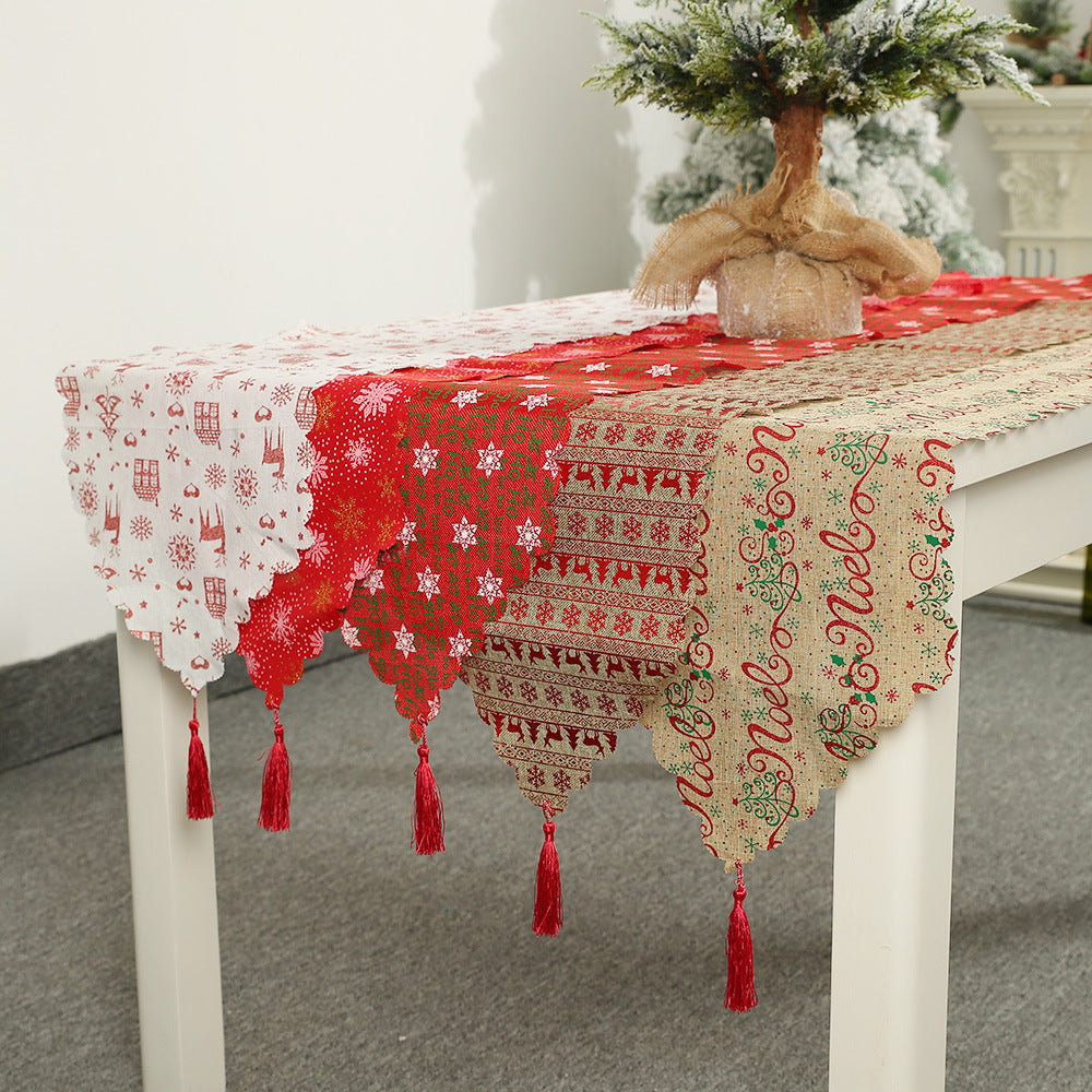 🇸🇬 New Christmas Decoration Supplies Linen Printed Table Runner Table Decoration Ornaments Tablecloth Placemats