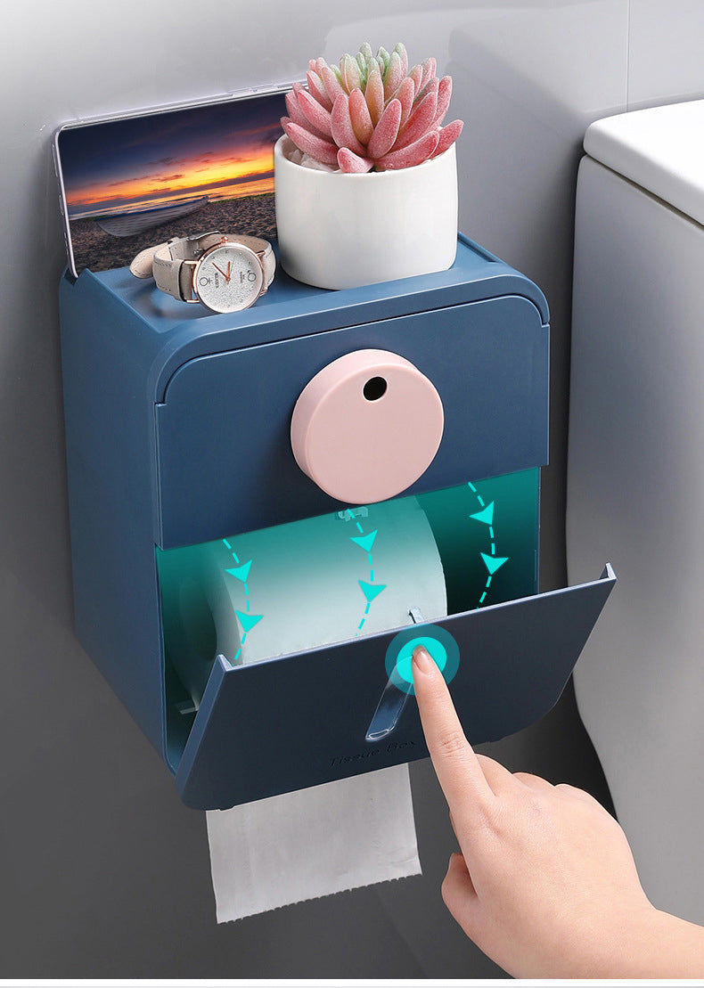 Wall Mounted Waterproof Dustproof Toilet Tissue Paper Roll Case Dispenser No Drill Holder With Cover