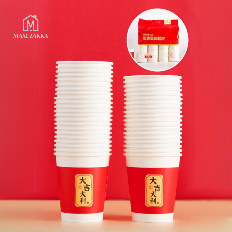 🇸🇬 Ready Stock Chinese New Year Red Paper Cups Bowls Disposable Tableware CNY Wedding Party Decoration 9oz 250 ml 100pcs