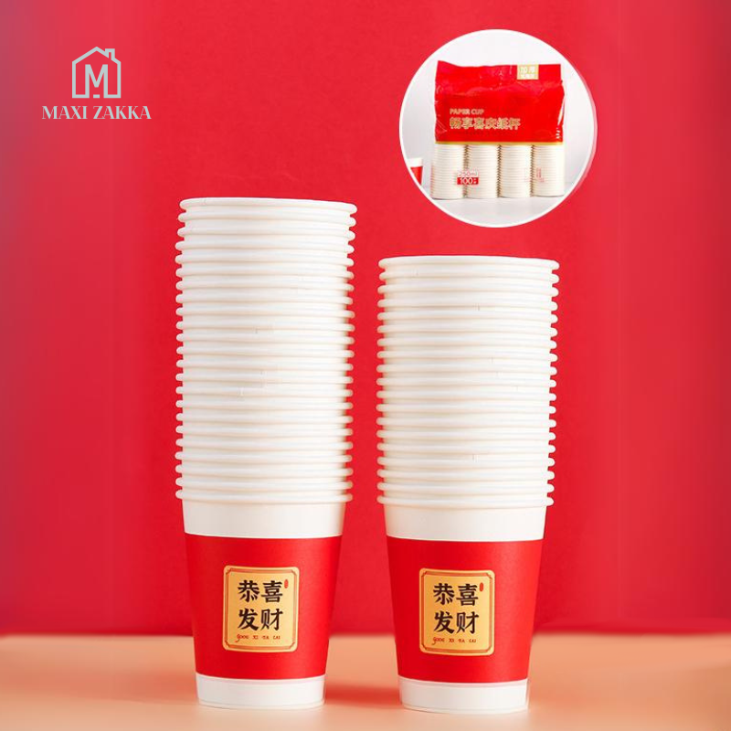 🇸🇬 Ready Stock Chinese New Year Red Paper Cups Bowls Disposable Tableware CNY Wedding Party Decoration 9oz 250 ml 100pcs