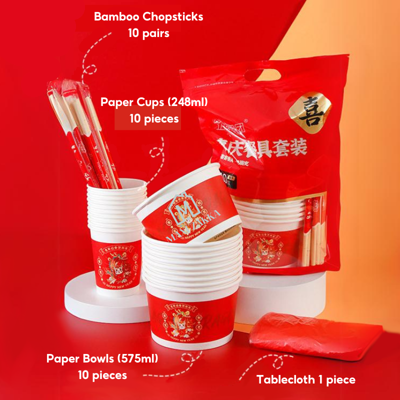 🇸🇬 Ready Stock Chinese New Year Red Paper Cups Bowls Disposable Tableware CNY Wedding Party Decoration 9oz 250 ml 100pcs