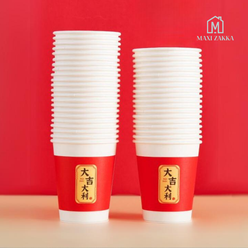 🇸🇬 Ready Stock Chinese New Year Red Paper Cups Bowls Disposable Tableware CNY Wedding Party Decoration 9oz 250 ml 100pcs