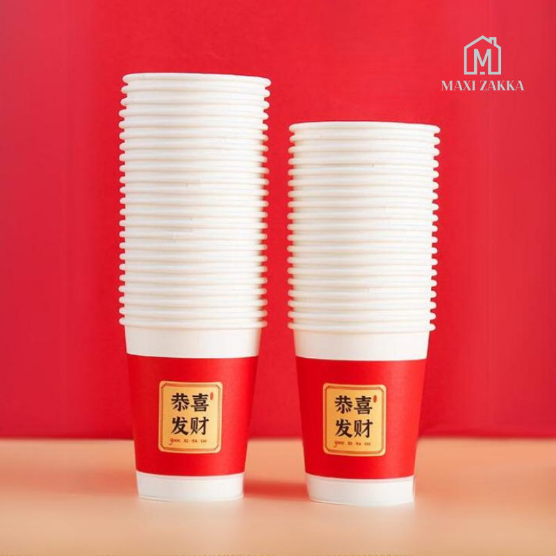 🇸🇬 Ready Stock Chinese New Year Red Paper Cups Bowls Disposable Tableware CNY Wedding Party Decoration 9oz 250 ml 100pcs