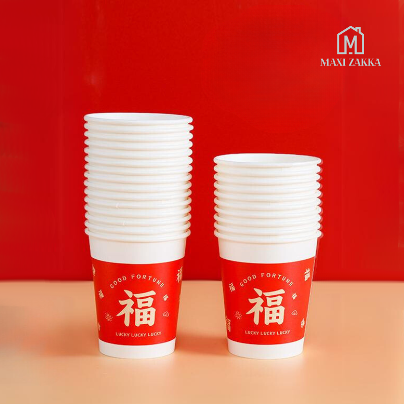 🇸🇬 Ready Stock Chinese New Year Red Paper Cups Bowls Disposable Tableware CNY Wedding Party Decoration 9oz 250 ml 100pcs