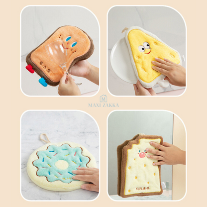 🇸🇬 Ready Stock Korean Cute Cartoon Hanging Hand Wiping Towel Kitchen Quick Drying 3 Layer Thickened Coral Velvet Towel