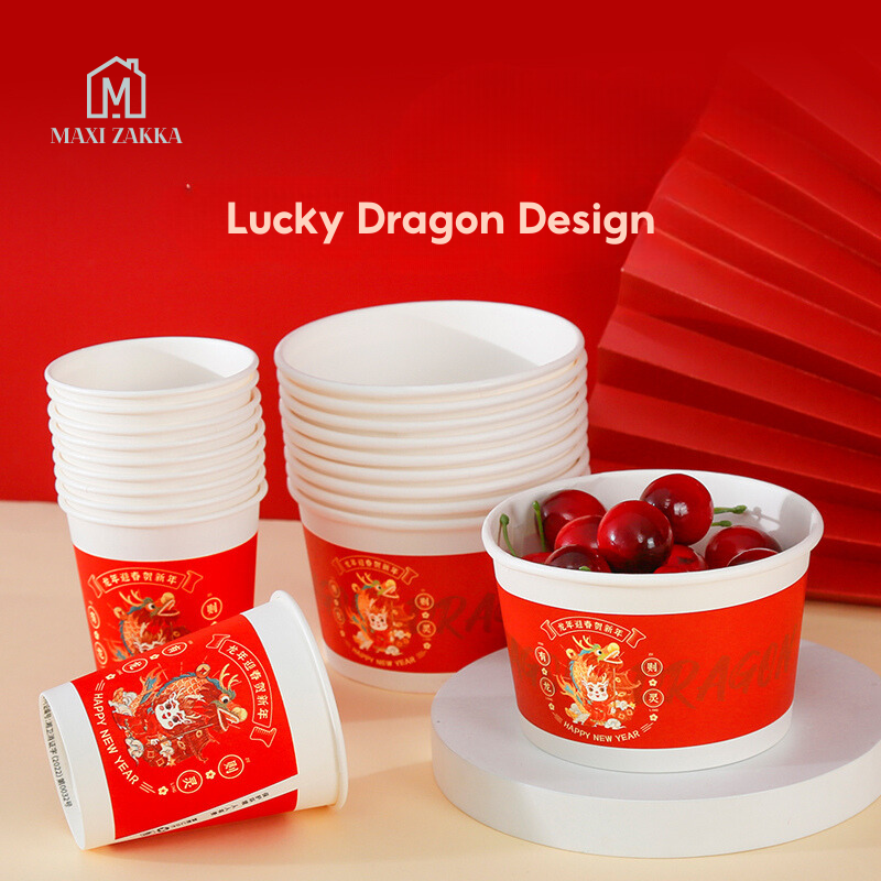 🇸🇬 Ready Stock Chinese New Year Red Paper Cups Bowls Disposable Tableware CNY Wedding Party Decoration 9oz 250 ml 100pcs