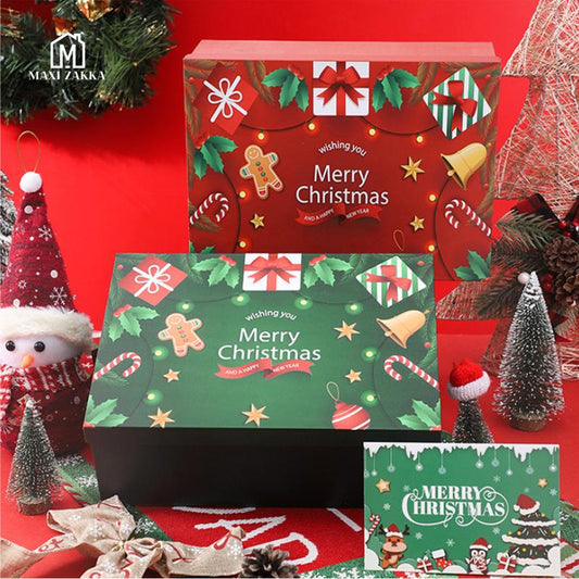 Ready Stock Christmas Premium Solid Hard Gift Box with Raffia Card Ribbon Gift Packaging Magnetic Folding Xmas