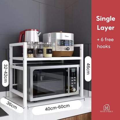 🇸🇬 Ready Stock Microwave Rack Adjustable Oven Shelf Kitchen Countertop Organiser Storage Oven Stand Toaster Telescopic