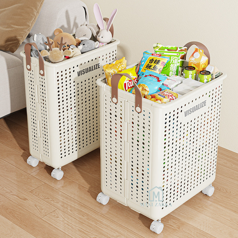 🇸🇬 Ready Stock Foldable Laundry Basket Space Saving Clothes Storage Bag Shelves Toys Doll Book Organizer Wheel