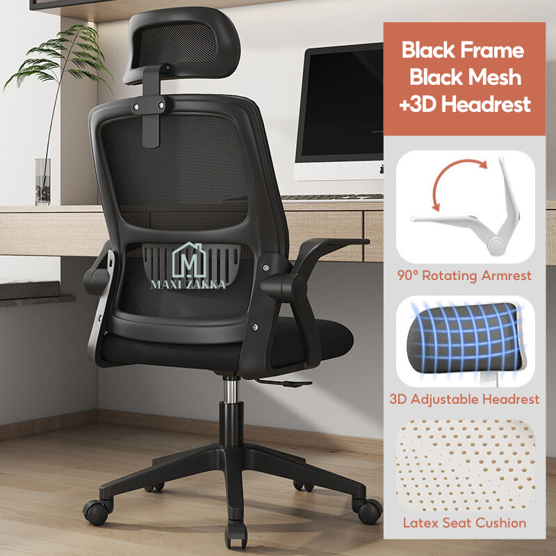 🇸🇬 Ready Stock Ergonomic Office Home Gaming Chair Armrest Headrest Mesh Lumbar Support Height Adjustable Comfortable