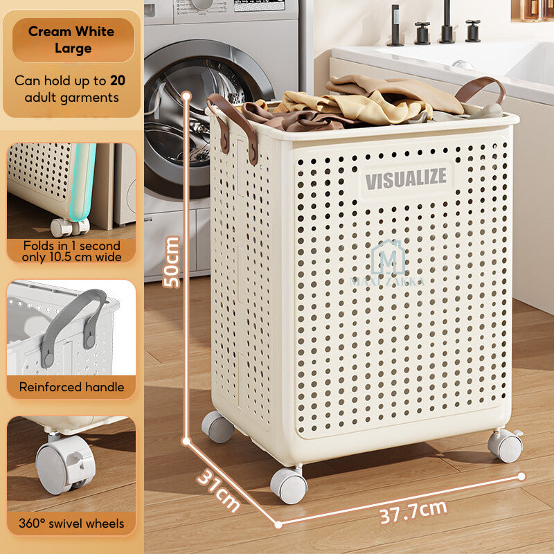 🇸🇬 Ready Stock Foldable Laundry Basket Space Saving Clothes Storage Bag Shelves Toys Doll Book Organizer Wheel