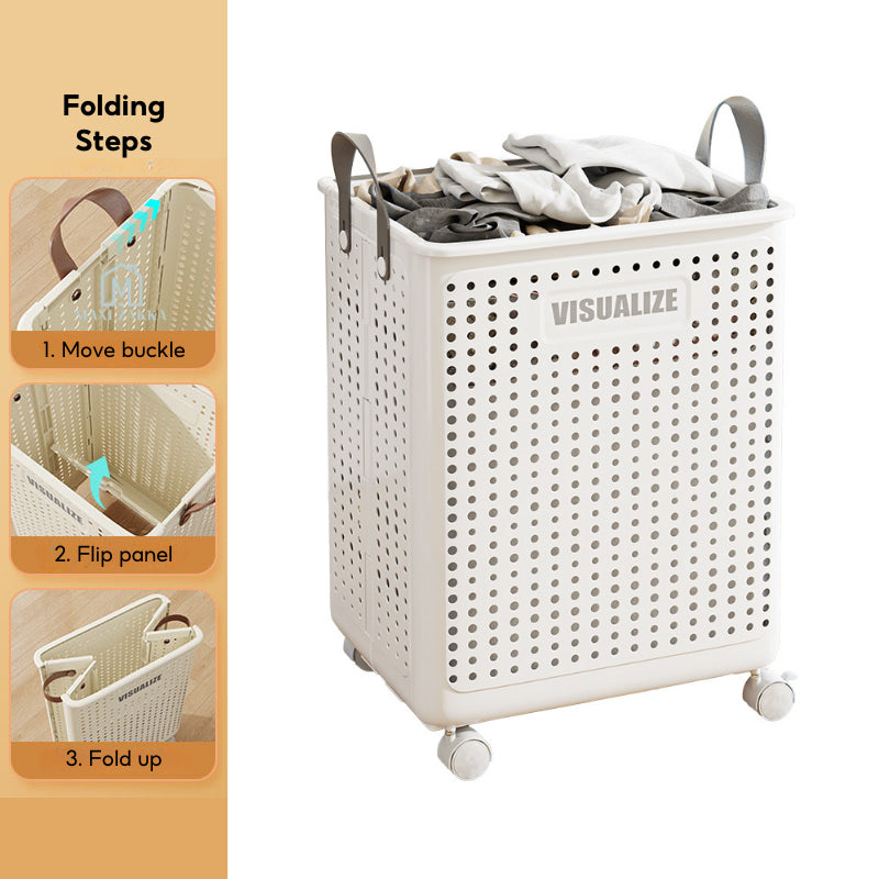 🇸🇬 Ready Stock Foldable Laundry Basket Space Saving Clothes Storage Bag Shelves Toys Doll Book Organizer Wheel