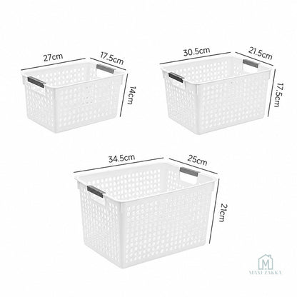 🇸🇬 Ready Stock Grey Handle Multipurpose Storage Basket Plastic Organiser for Snacks Toys Kitchen Bathroom Refrigerator