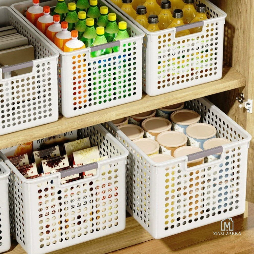 🇸🇬 Ready Stock Grey Handle Multipurpose Storage Basket Plastic Organiser for Snacks Toys Kitchen Bathroom Refrigerator