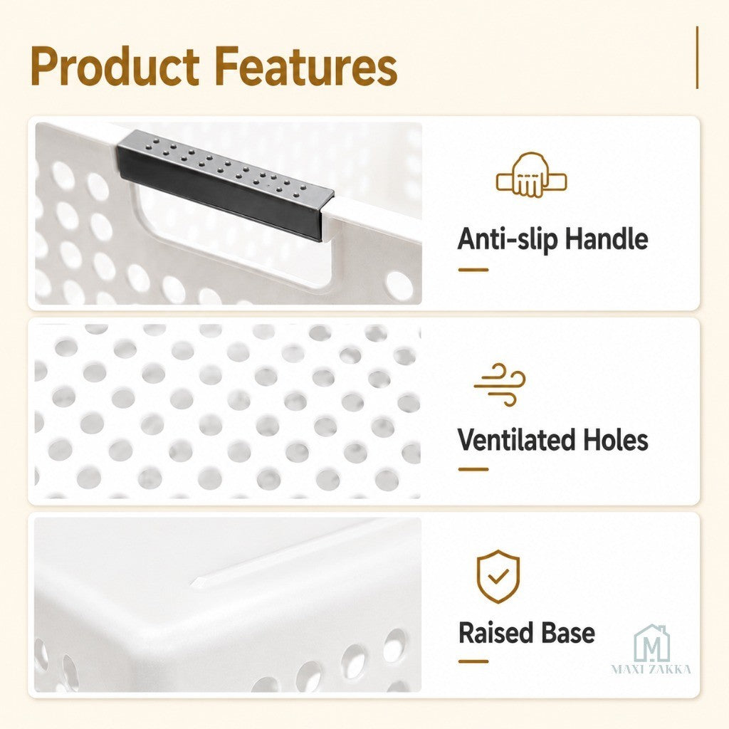 🇸🇬 Ready Stock Grey Handle Multipurpose Storage Basket Plastic Organiser for Snacks Toys Kitchen Bathroom Refrigerator