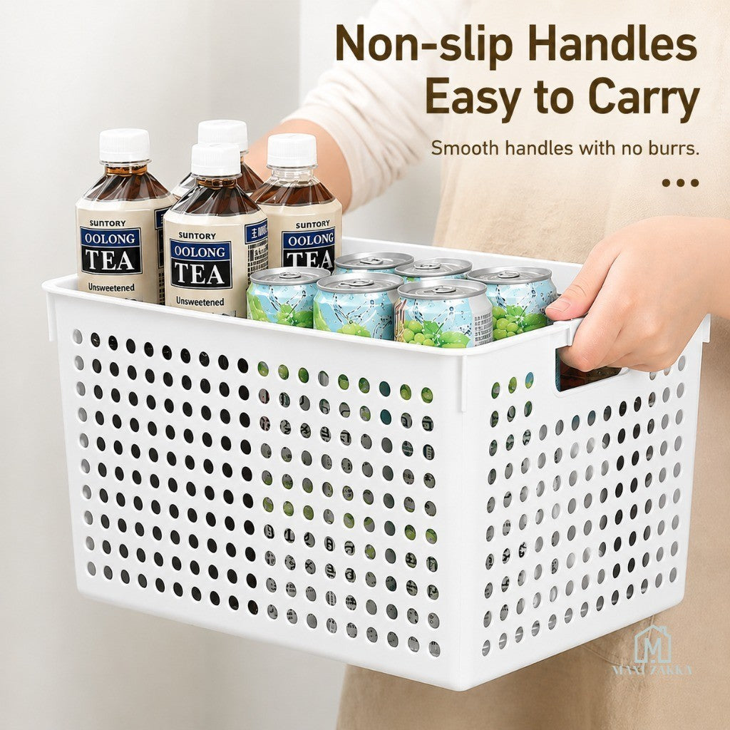 🇸🇬 Ready Stock Grey Handle Multipurpose Storage Basket Plastic Organiser for Snacks Toys Kitchen Bathroom Refrigerator