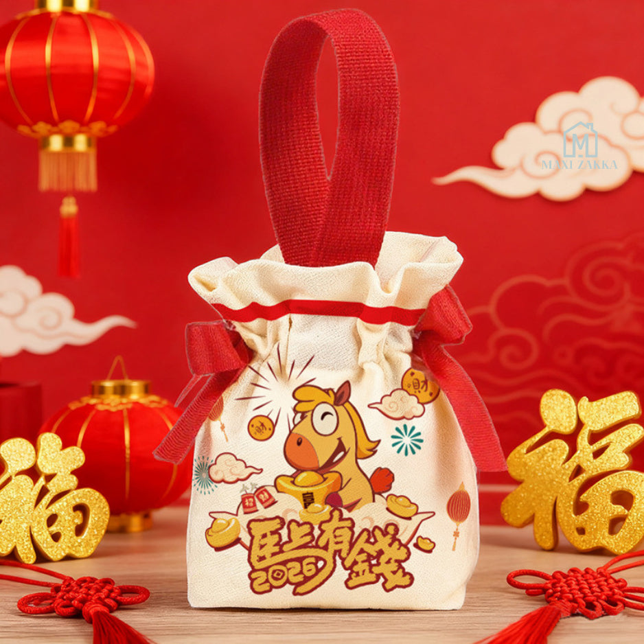 🇸🇬 Ready Stock CNY Canvas Drawstring Bag New Year Gift Pouch Ang Bao Storage Eco Friendly Orange Mandarin Bag