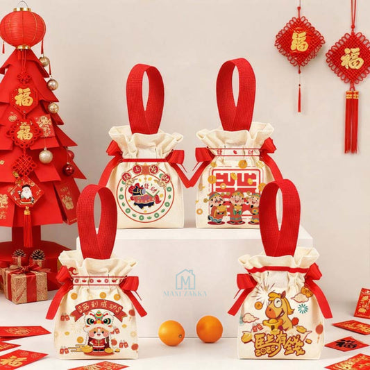 🇸🇬 Ready Stock CNY Canvas Drawstring Bag New Year Gift Pouch Ang Bao Storage Eco Friendly Orange Mandarin Bag