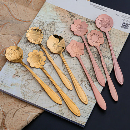 🇸🇬 Stainless Steel Flower Spoon Short Handle Home Dessert Stirring Spoon Wedding Gift Cherry Blossom Design Titanium