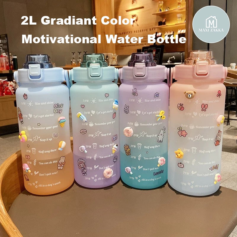 2L Motivational Sports Water Bottle with Handle & Straw Gradient Color Water Jug with Times to Drink