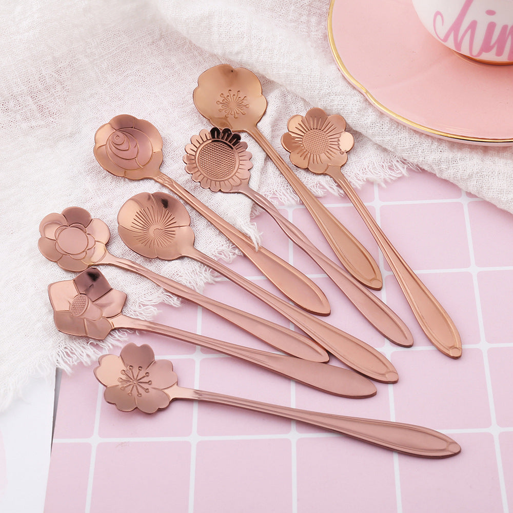 🇸🇬 Stainless Steel Flower Spoon Short Handle Home Dessert Stirring Spoon Wedding Gift Cherry Blossom Design Titanium