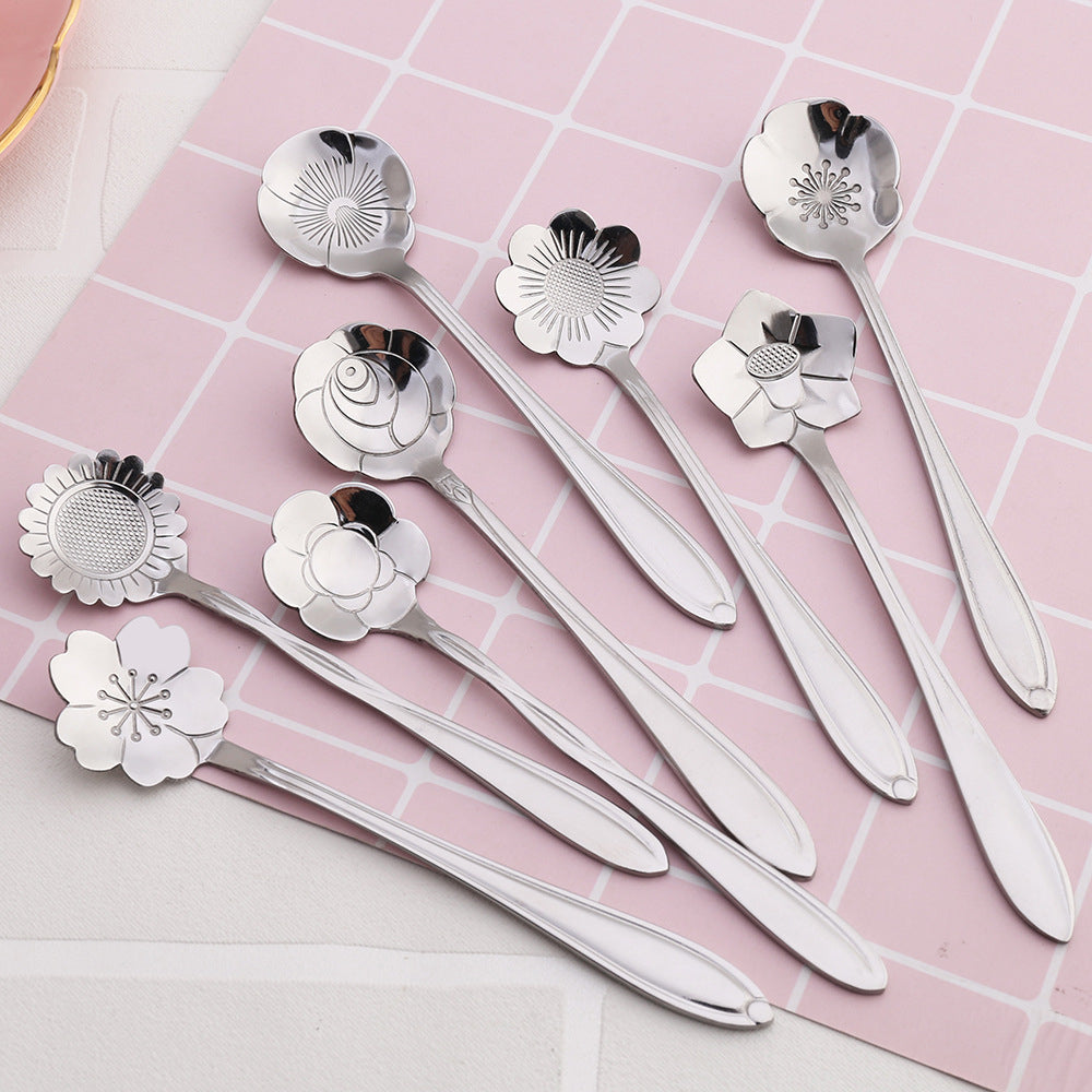 🇸🇬 Stainless Steel Flower Spoon Short Handle Home Dessert Stirring Spoon Wedding Gift Cherry Blossom Design Titanium