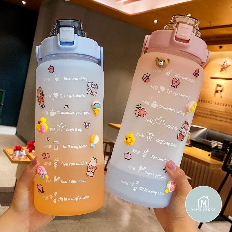 2L Motivational Sports Water Bottle with Handle & Straw Gradient Color Water Jug with Times to Drink