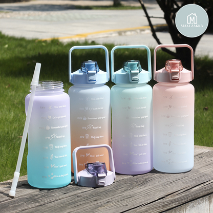 2L Motivational Sports Water Bottle with Handle & Straw Gradient Color Water Jug with Times to Drink