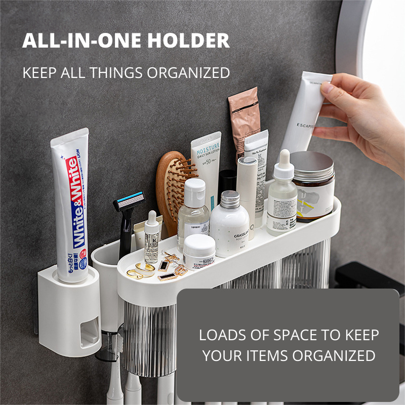 Toothbrush Holder Toothpaste Dispenser Magnetic Cup Easy Clean Toilet Organiser Wall Mounted Easy Installation Toothbrush All In One Holder Set