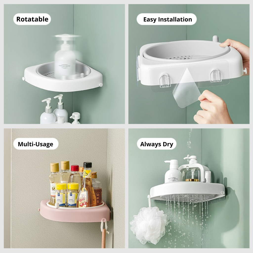 Bathroom Toilet Rack Rotatable Corner Shelf Wall Mounted Shower Shelf Triangle Basket Shelving Storage Organiser