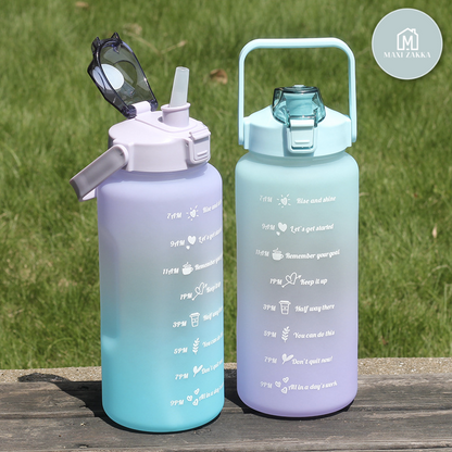 2L Motivational Sports Water Bottle with Handle & Straw Gradient Color Water Jug with Times to Drink