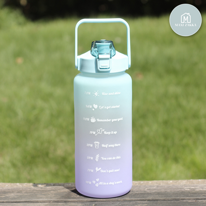 2L Motivational Sports Water Bottle with Handle & Straw Gradient Color Water Jug with Times to Drink