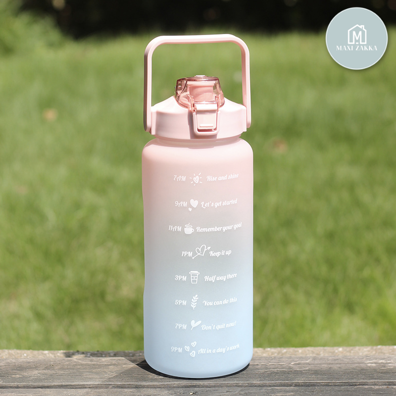 2L Motivational Sports Water Bottle with Handle & Straw Gradient Color Water Jug with Times to Drink