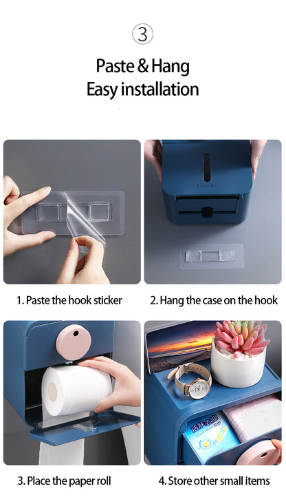 Wall Mounted Waterproof Dustproof Toilet Tissue Paper Roll Case Dispenser No Drill Holder With Cover