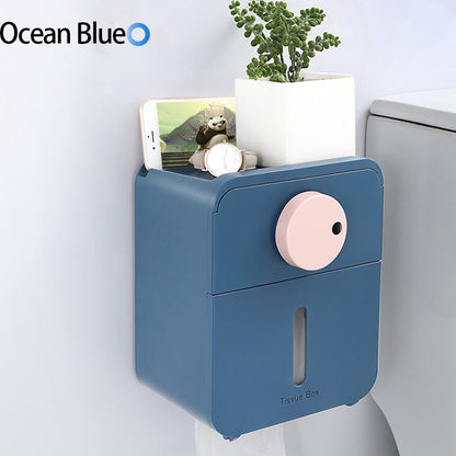 Wall Mounted Waterproof Dustproof Toilet Tissue Paper Roll Case Dispenser No Drill Holder With Cover